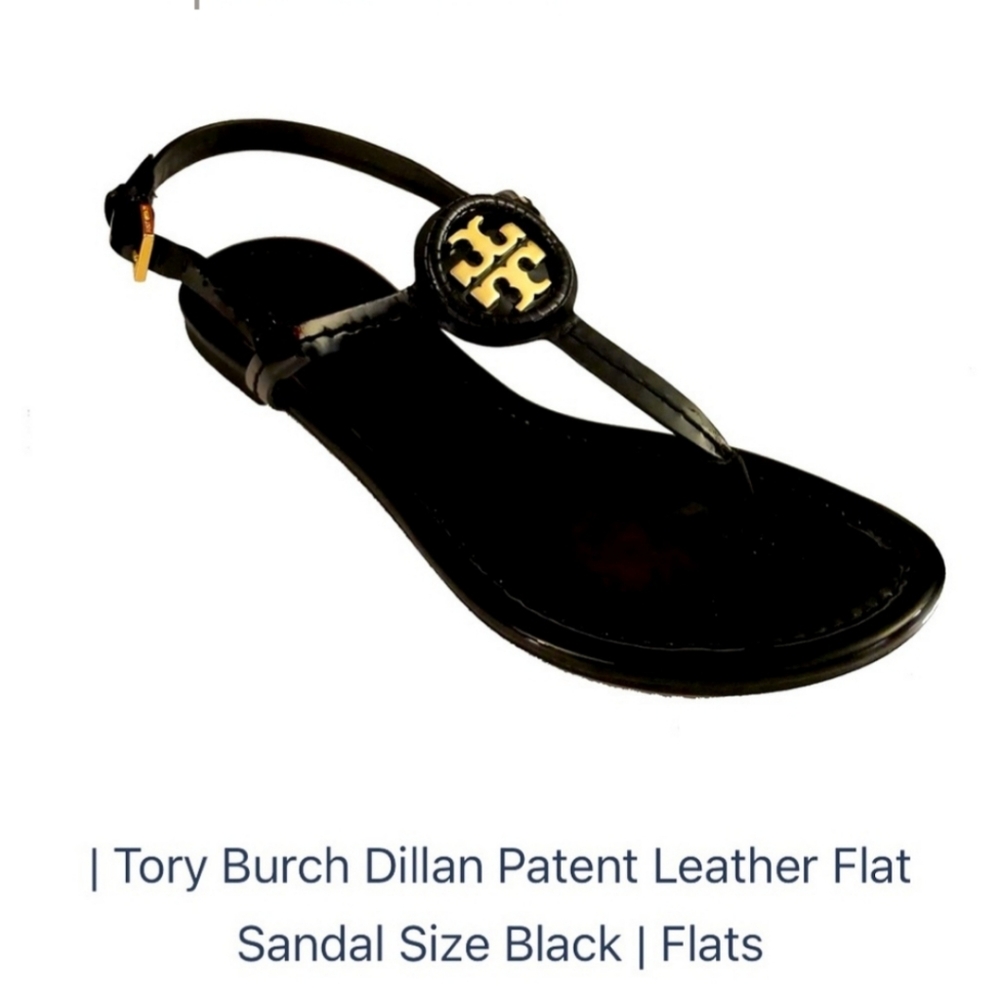 Tory Burch Black Patent Leather T-Strap Sandals with Gold Logo